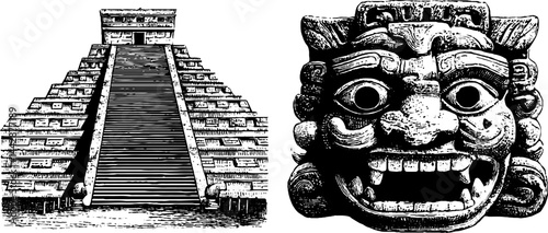 Ancient mayan temple and mask engraving set for historical design projects