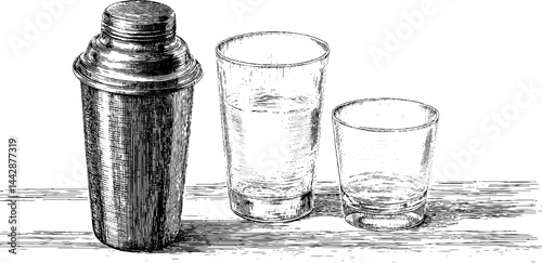 Vintage engraved illustration of cocktail shaker with glasses for bar design