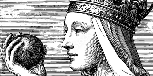 Intricate engraving of a medieval queen statue holding an orb – historical art concept