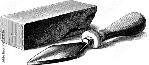 Traditional stonemasonry tools with chisel and stone block engraving for art and design projects