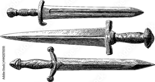 Vintage engraved sword illustration set featuring blades and handles for historical design projects