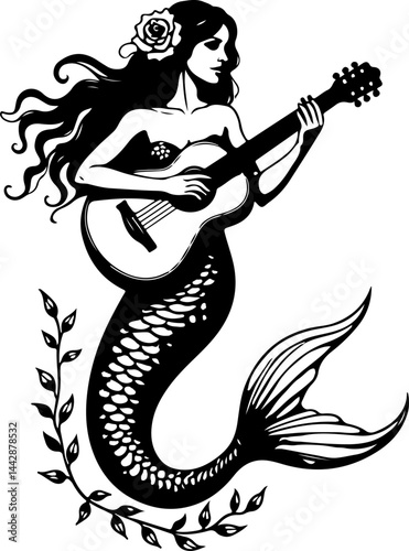 Mermaid Playing Guitar Silhouette vector bundle