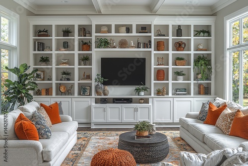 White built-in entertainment center with shelves and cabinet doors in the living room.