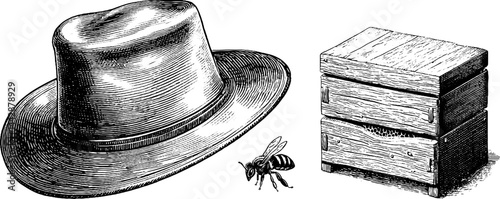 Detailed engraved illustration of beekeeper hat with honey bee and wooden hive for print design