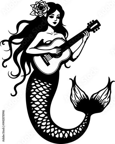 Mermaid Playing Guitar Silhouette vector bundle