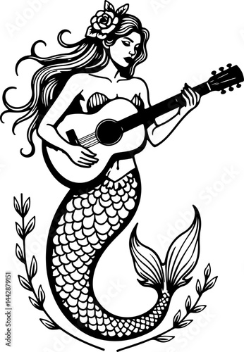 Mermaid Playing Guitar Silhouette vector bundle