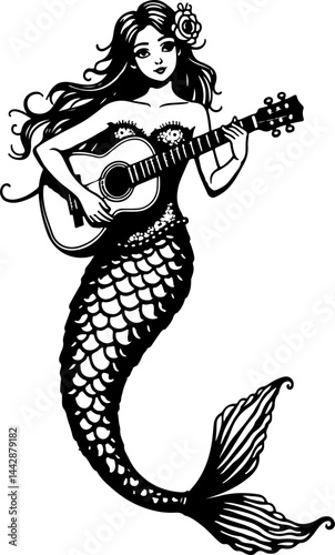 Mermaid Playing Guitar Silhouette vector bundle