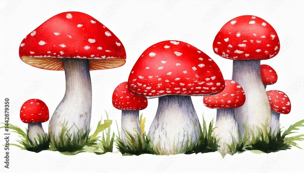 Obraz premium red, white, mushrooms, watercolor, illustration, isolated, transparent, background, fungi, toadstool, amanita, mushroom, drawing, painting, art, botanical, nature, forest, wild, fungus, polka, dots, s
