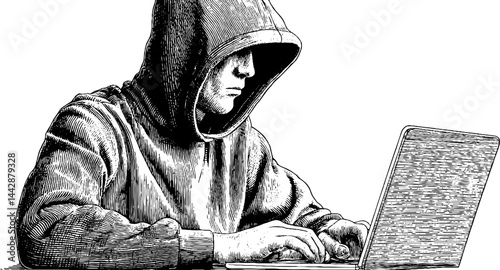 Engraved illustration of a hacker in hoodie using laptop