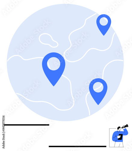Globe with three blue location pins and man with telescope analyzing. Ideal for navigation, travel, global reach, strategy, exploration, geography, simple landing page