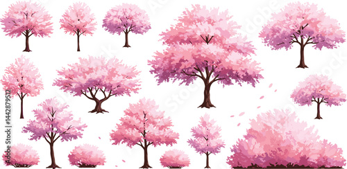 Vector watercolor blooming flower tree or forest side view isolated on white background