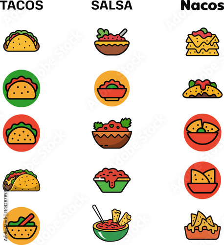 Mexican Food Icons: Tacos, Salsa, and Nachos, Colorful vector icons illustrating various types of tacos, salsa, and nachos. Perfect for menus, websites, and apps.