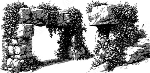 Engraved illustration set of ancient ruins with ivy covering stones