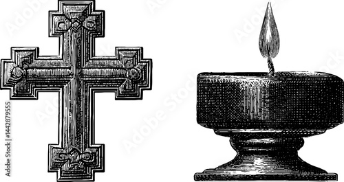 Byzantine cross and candle engraved illustration set for religious design