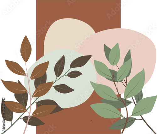 Abstract Botanical Boho Composition with Organic Shapes and Mid Century Modern Foliage Design