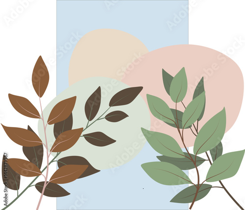 Abstract Botanical Boho Composition with Organic Shapes and Mid Century Modern Foliage Design