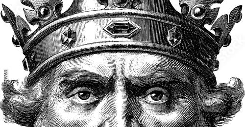 Engraved portrait of a king's bust with jeweled crown for historical design