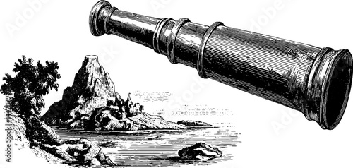 Vintage pirate spyglass and island landscape engraving for nautical design