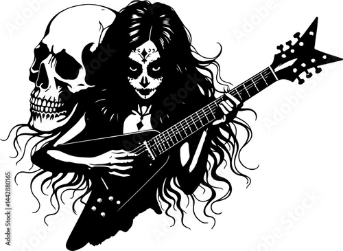 Day of the Dead Female Guitarist with Skull vector design