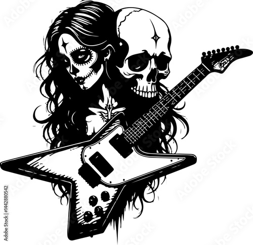 Day of the Dead Female Guitarist with Skull vector design