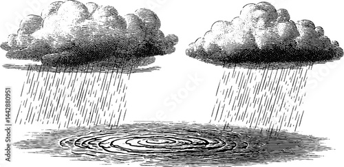 Engraved illustration of heavy rain and puddle scene for weather design projects