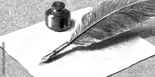 Vintage calligraphy scene with feather quill and ink bottle for artistic and historical design