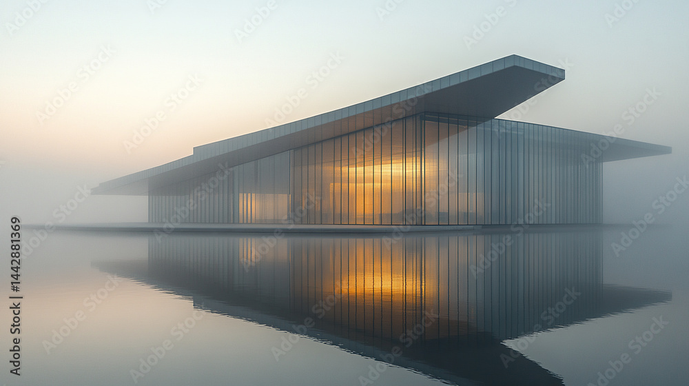 Fototapeta premium stunning architectural structure with glass facade reflecting calm waters during foggy sunrise