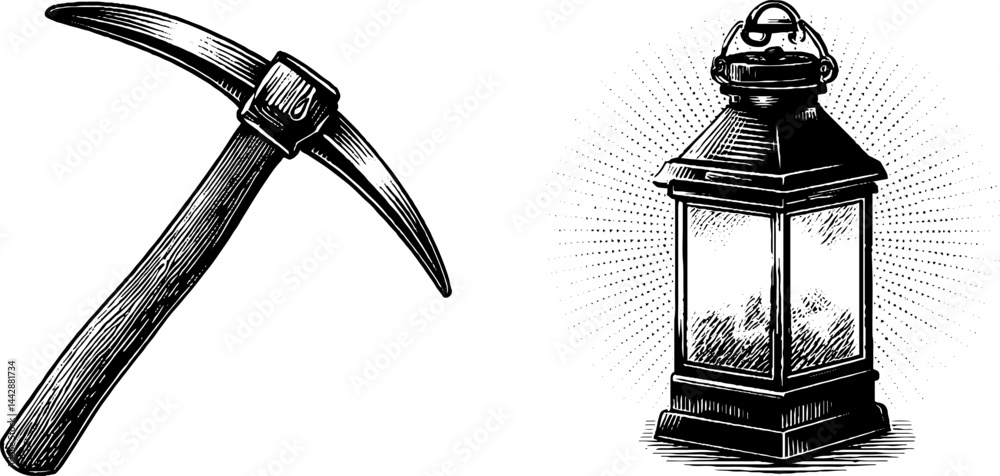 Obraz premium Vintage mining tools illustration featuring pickaxe and lantern design