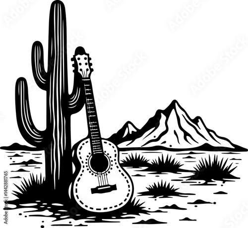 Acoustic Guitar Leaning on Cactus in Desert vector design