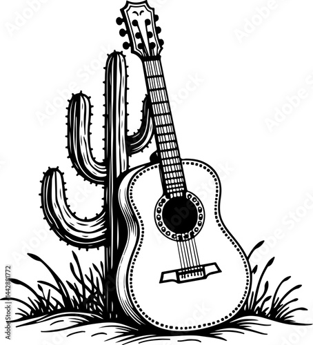 Acoustic Guitar Leaning on Cactus in Desert vector design