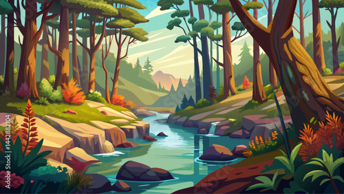 a creek in a forest opening up to a pond in husdon river school painting style 