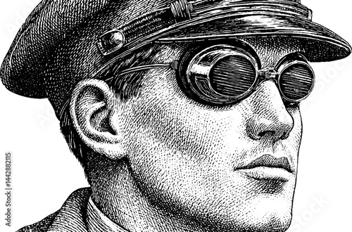 Vintage aviation illustration featuring pilot with goggles and cap
