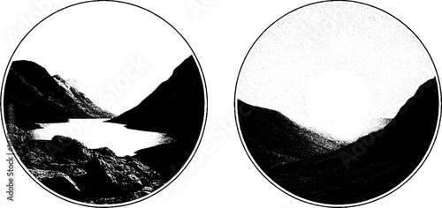 Engraved landscape set featuring foggy valley and mountainous ridges for artistic design