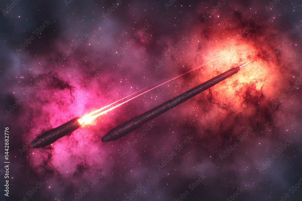 Fototapeta premium Cosmic Ships Firing Energy Beams Through Nebula A Stunning Space Scene