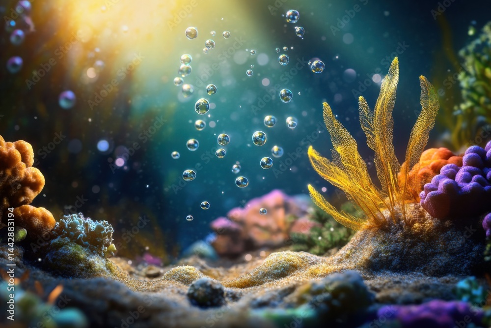 Obraz premium Macro underwater scene with floating plankton, coral tips, and subtle marine gradients