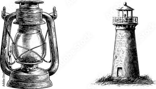 Vintage engraving of lighthouse and lantern for nautical decor or graphic design