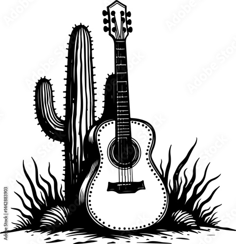Acoustic Guitar Leaning on Cactus in Desert vector design