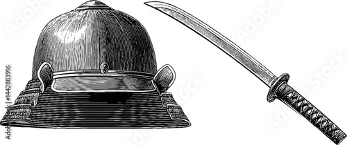 Intricate engraved set of samurai kabuto helmet and katana sword for cultural design