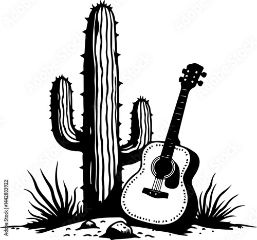 Acoustic Guitar Leaning on Cactus in Desert vector design