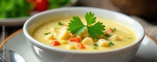 Thick chowder, fresh parsley topping White bowl, steam rising , seafood, creamy, milk