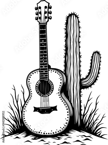 Acoustic Guitar Leaning on Cactus in Desert vector design