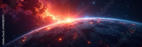 Intense beam of light piercing planetary atmosphere, white, beam