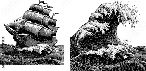 Vintage nautical scene with engraved pirate ship and ocean wave art