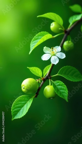 Lush lime branch, vibrant green leaves & delicate white blossoms , nature, blossom, spring