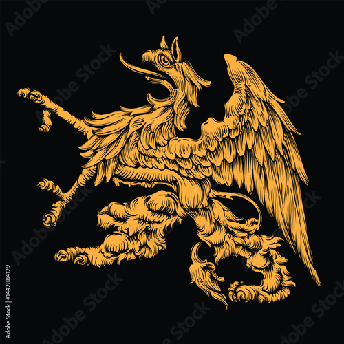 Freehand drawing mythical griffin, used in medieval heraldry.