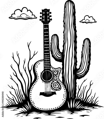 Acoustic Guitar Leaning on Cactus in Desert vector design
