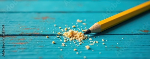 Broken yellow pencil with eraser and wood shavings on blue painted wood surface , old, worn