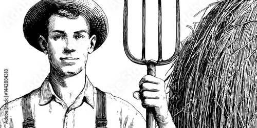 Vintage rural life concept: engraved illustration of farmer holding pitchfork near haystack for rustic design