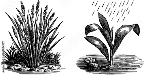 Engraved botanical illustrations of late spring rain and plants for nature-themed designs