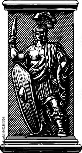 Engraved illustration of roman soldier statue for historical and artistic design